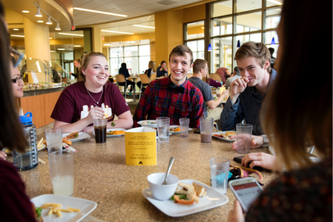 Students sitting around table in dining center